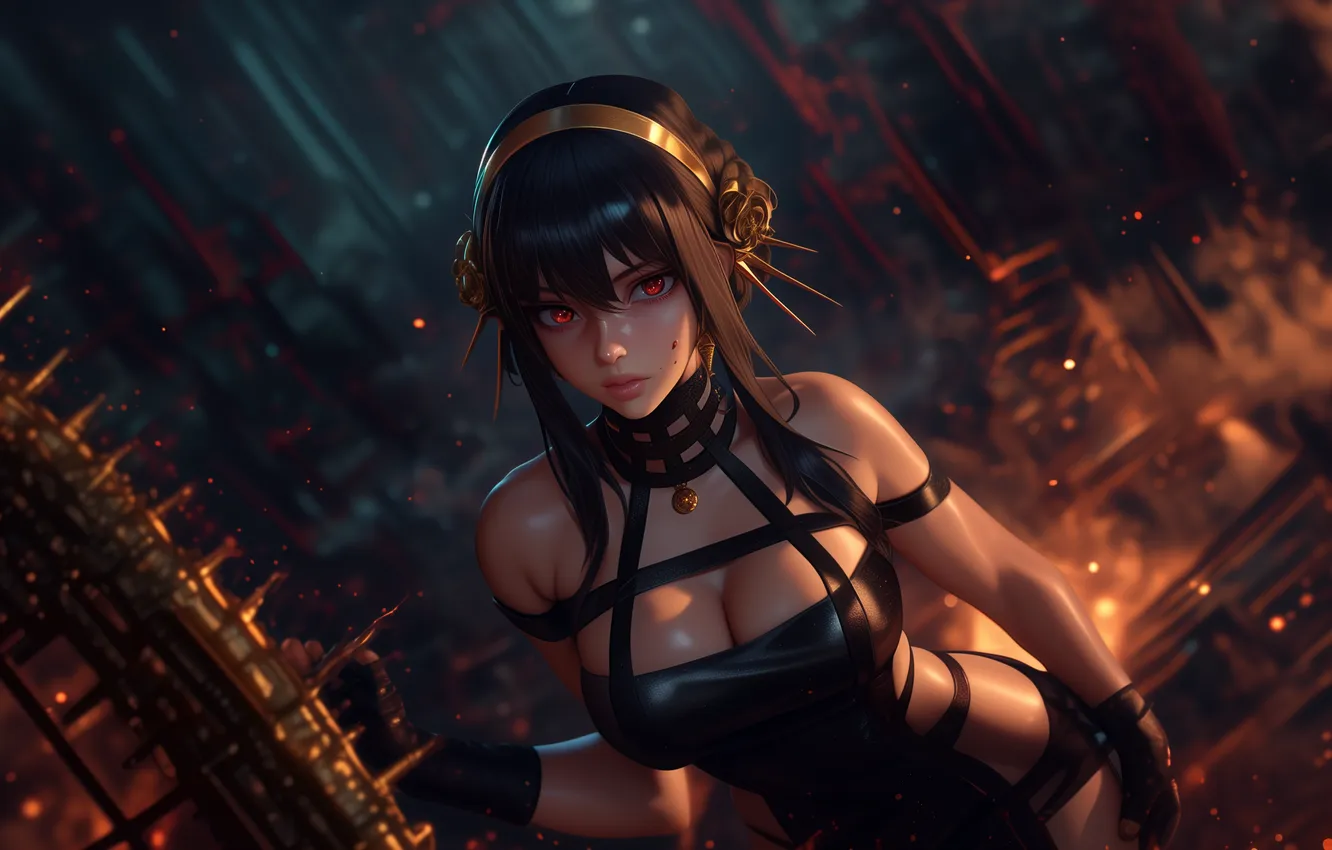 Фото обои черное платье, black, anime, art, spy x family, yor forger, семья шпиона, йор форгер