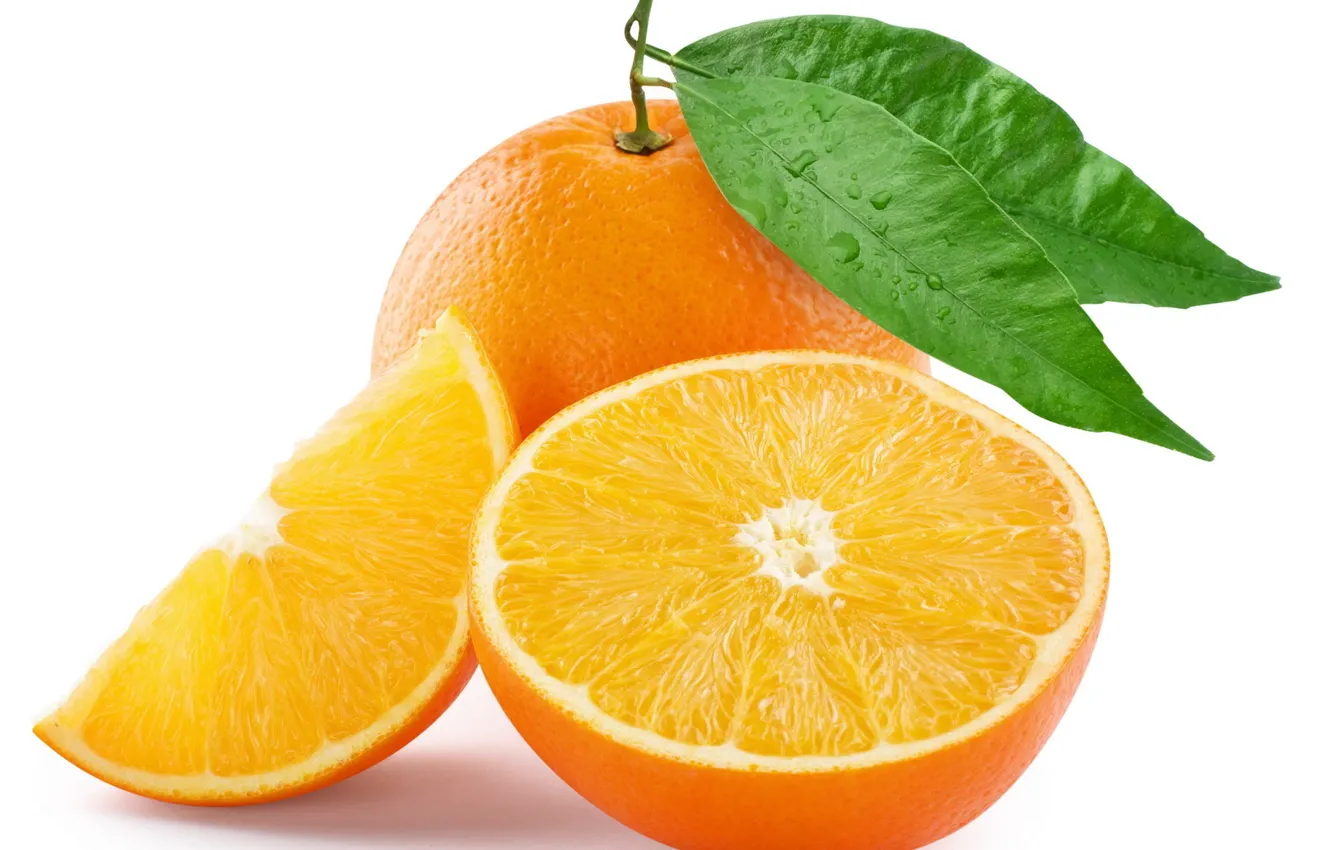 Фото обои листья, апельсин, разрез, цитрус, плод