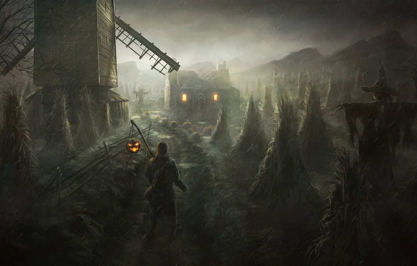Фото обои дом, человек, арт, мельница, Хэллоуин, пугало