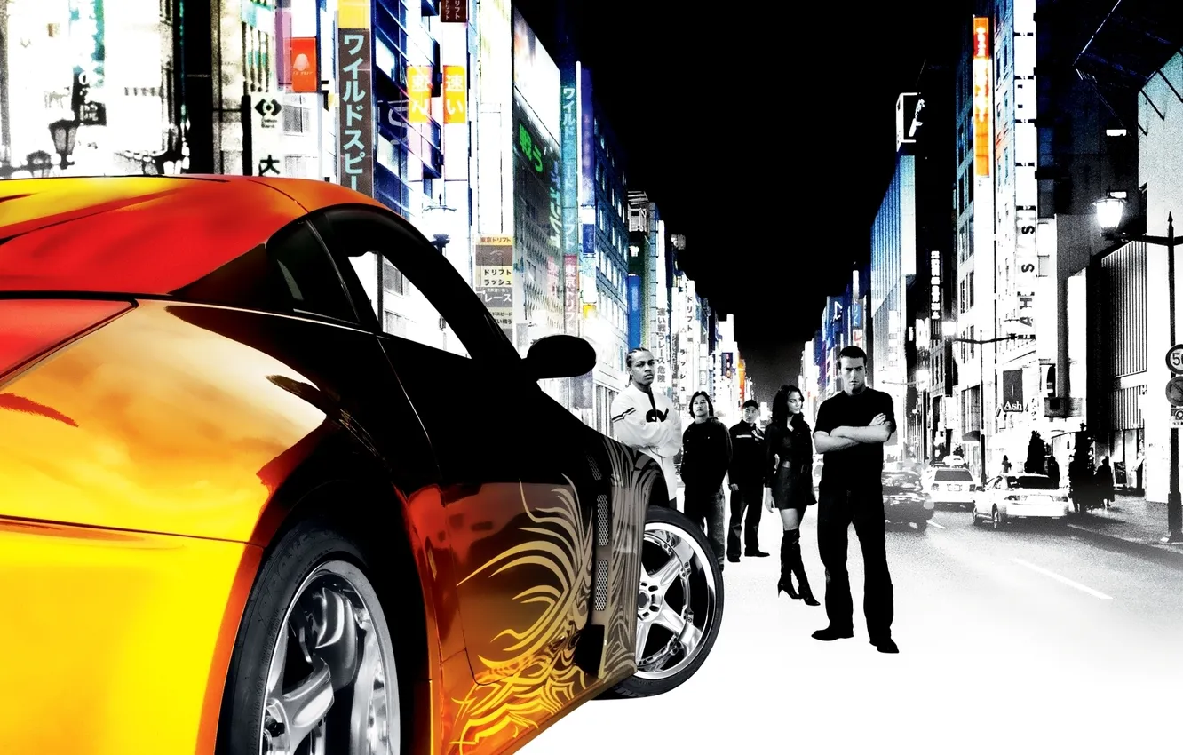 Фото обои машина, фильм, улица, вывески, актёры, Nissan, 350z, The Fast and the Furious