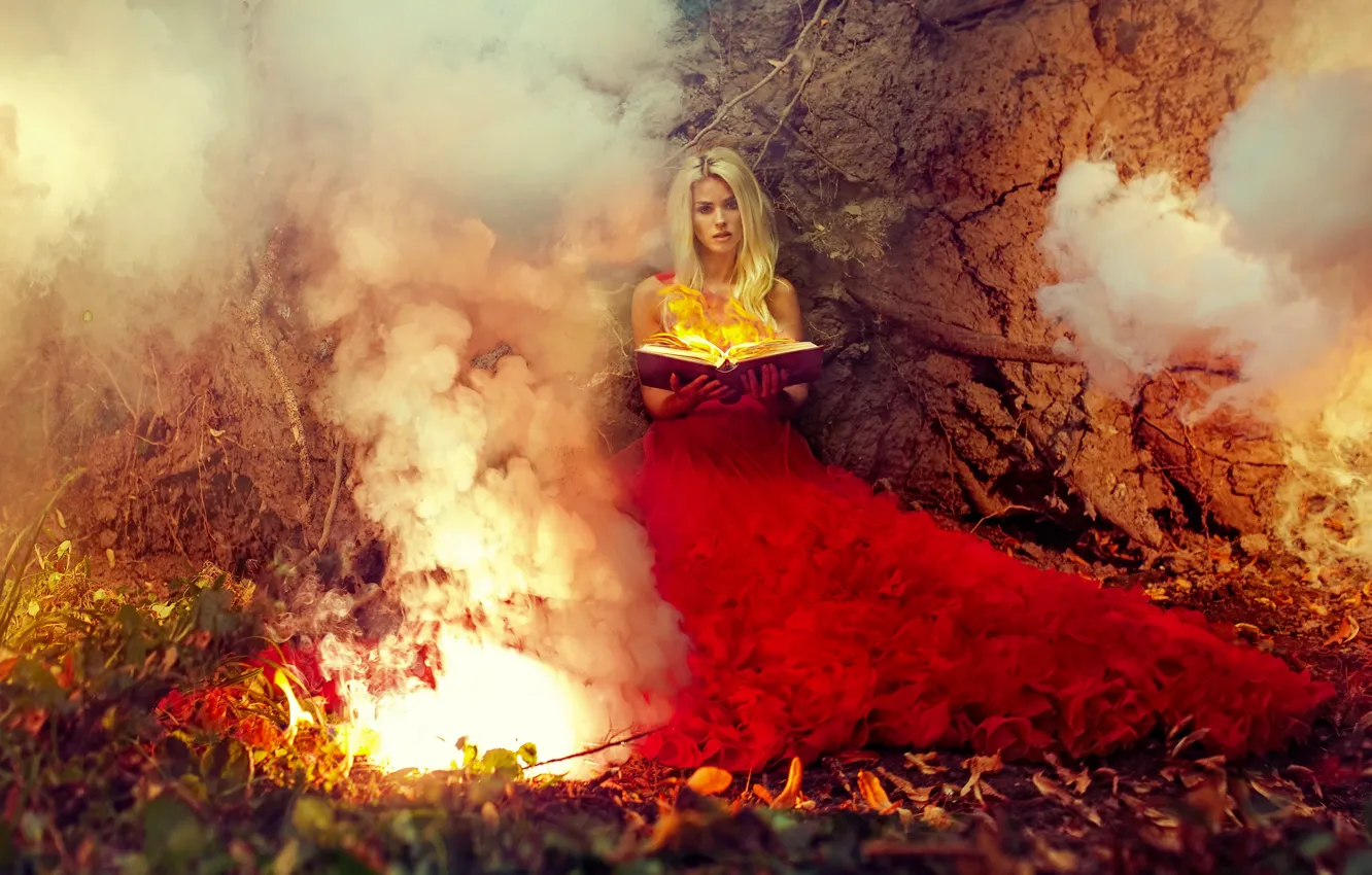 Фото обои девушка, огонь, магия, модель, платье, книга, красное платье