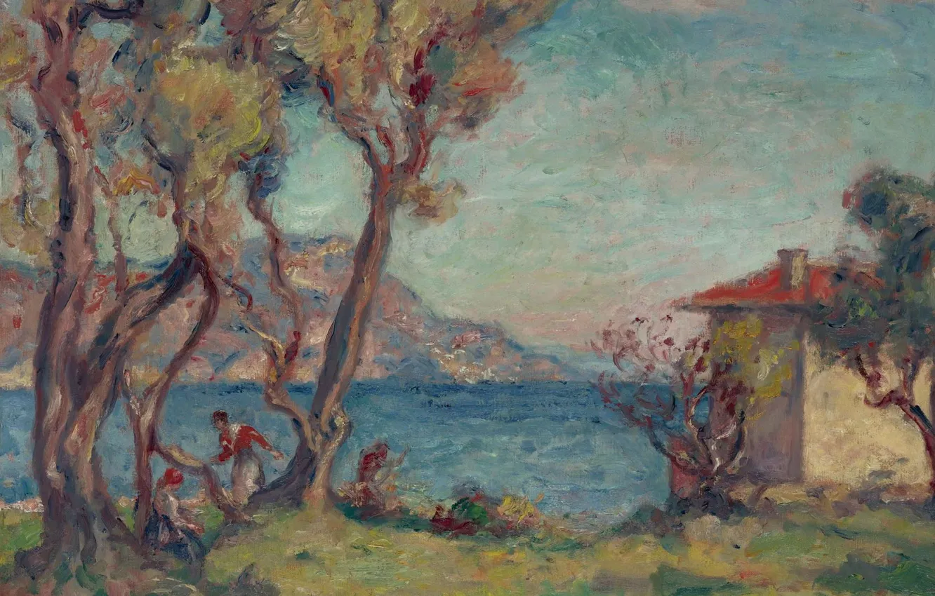 Фото обои пейзаж, картина, Georges d'Espagnat, Маленький Домик на Берегу Моря