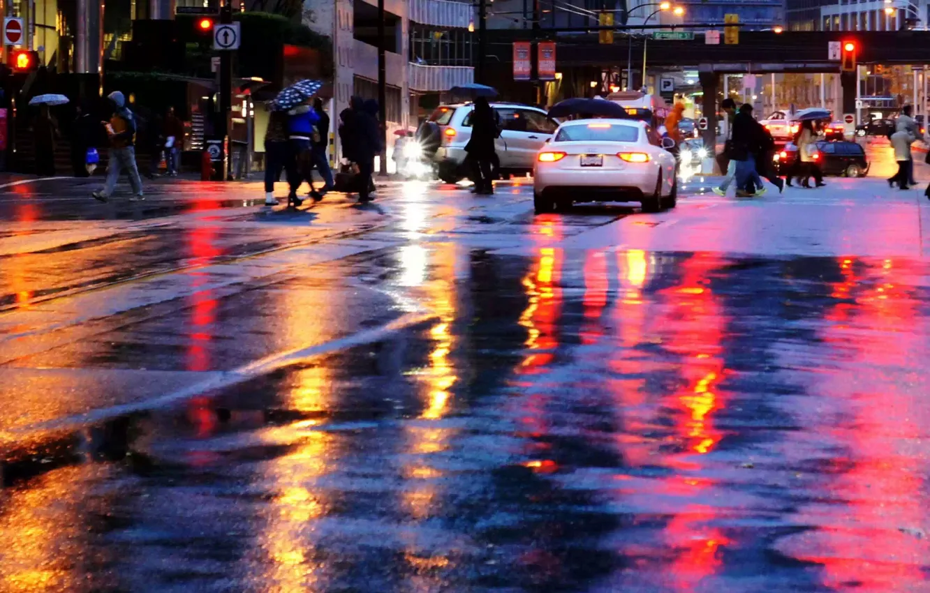 Фото обои город, отражение, дождь, улица