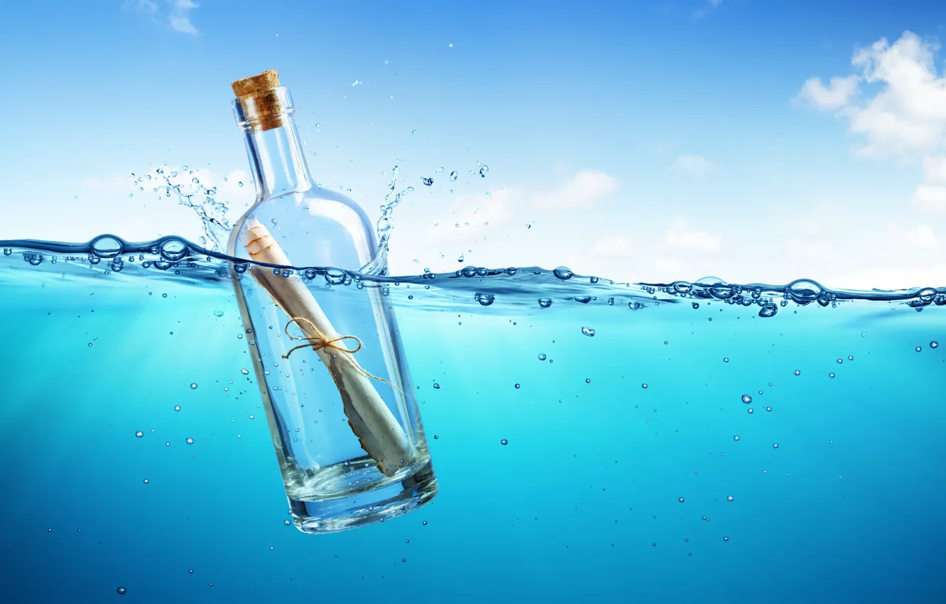 Фото обои море, письмо, океан, бутылка, sea, ocean, blue, water