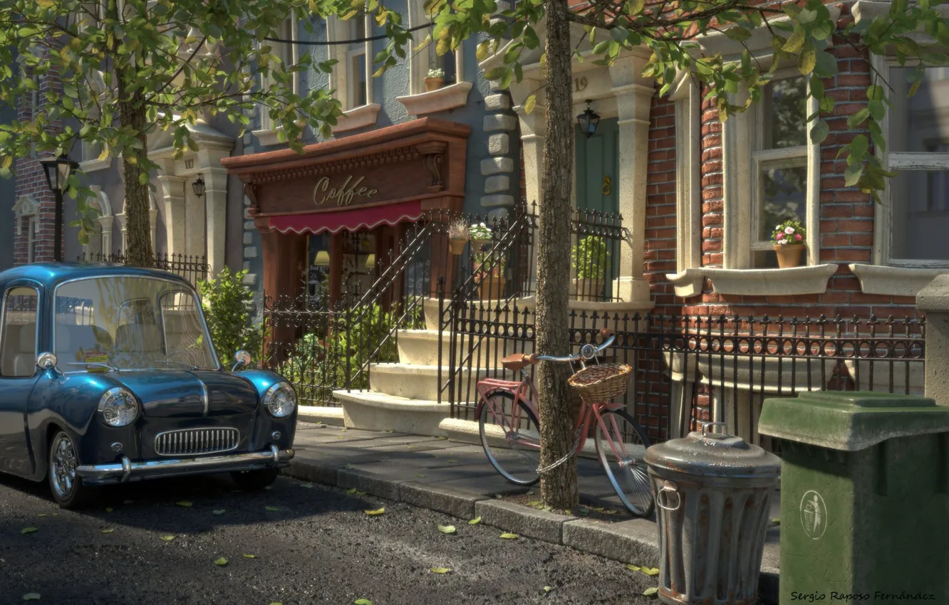 Фото обои цветы, велосипед, улица, автомобиль, Street