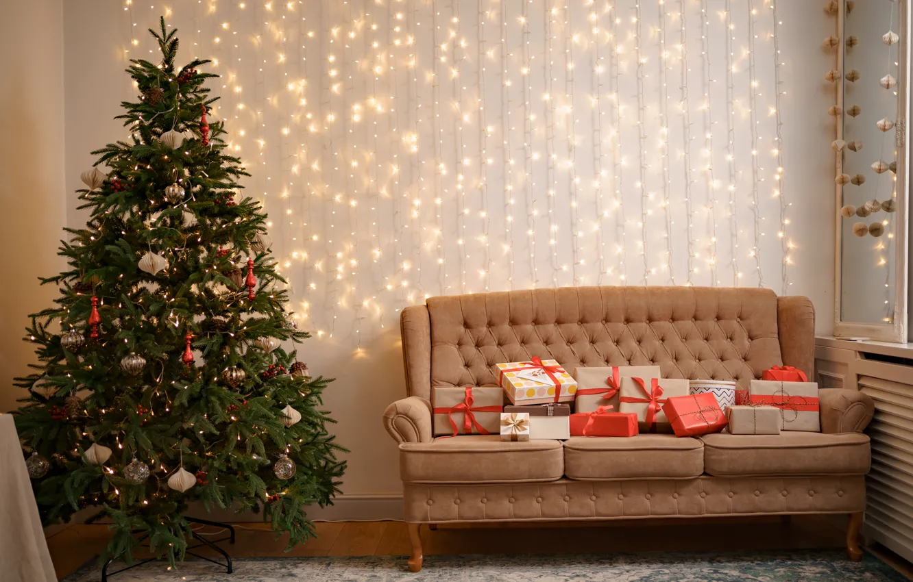 Фото обои украшения, елка, интерьер, Рождество, подарки, Новый год, christmas, new year