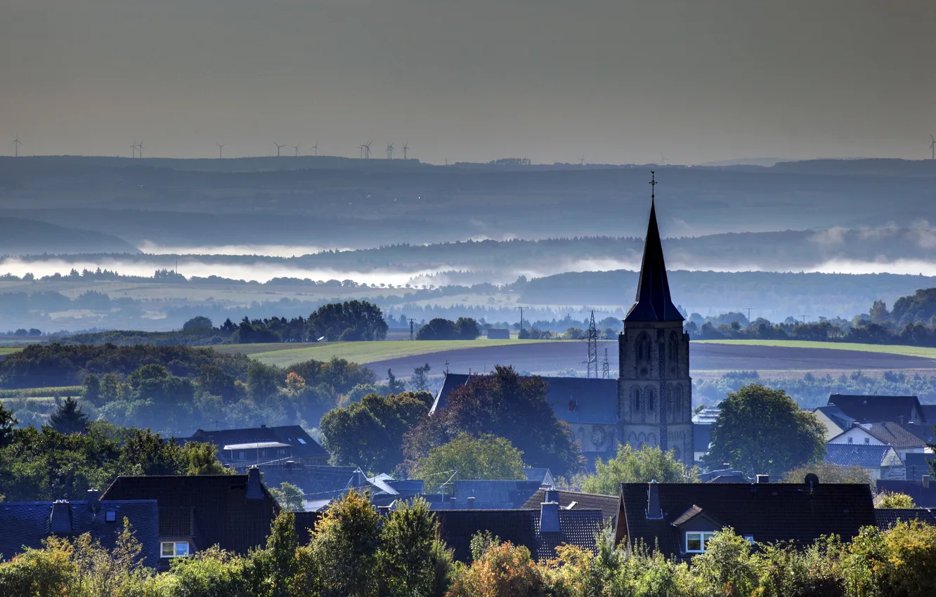 Фото обои туман, дома, Германия, горизонт, городок, Ландкерн