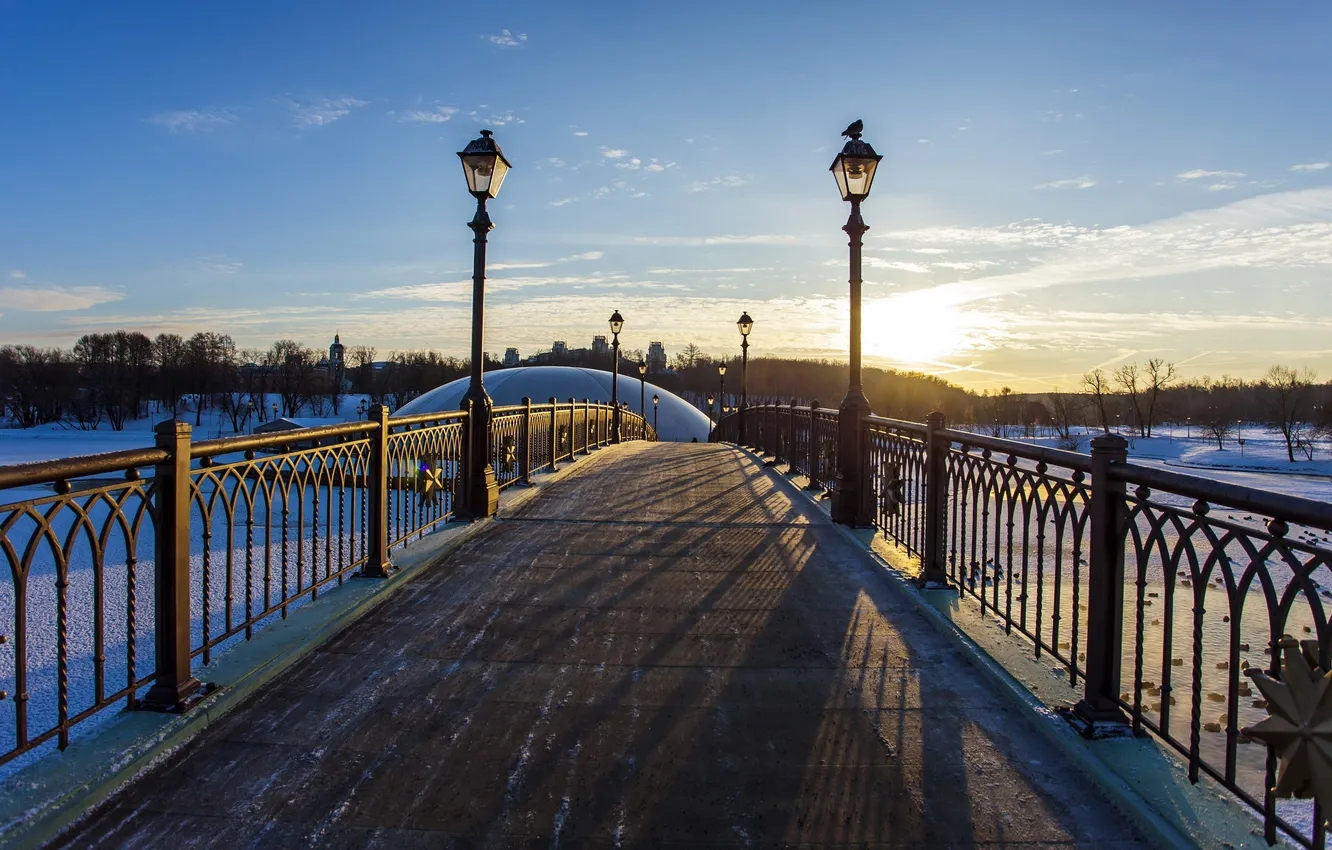 Фото обои зима, мост, город, река