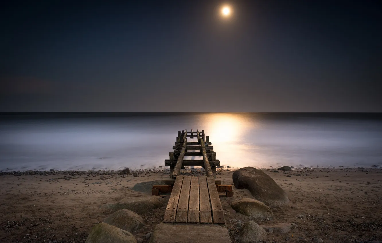 Фото обои море, пейзаж, ночь, мост