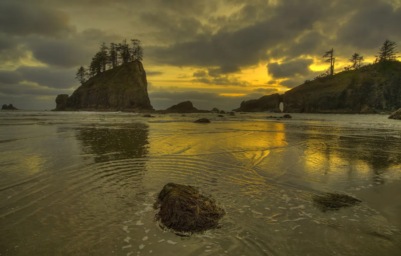 Фото обои море, пляж, облака, закат, скалы