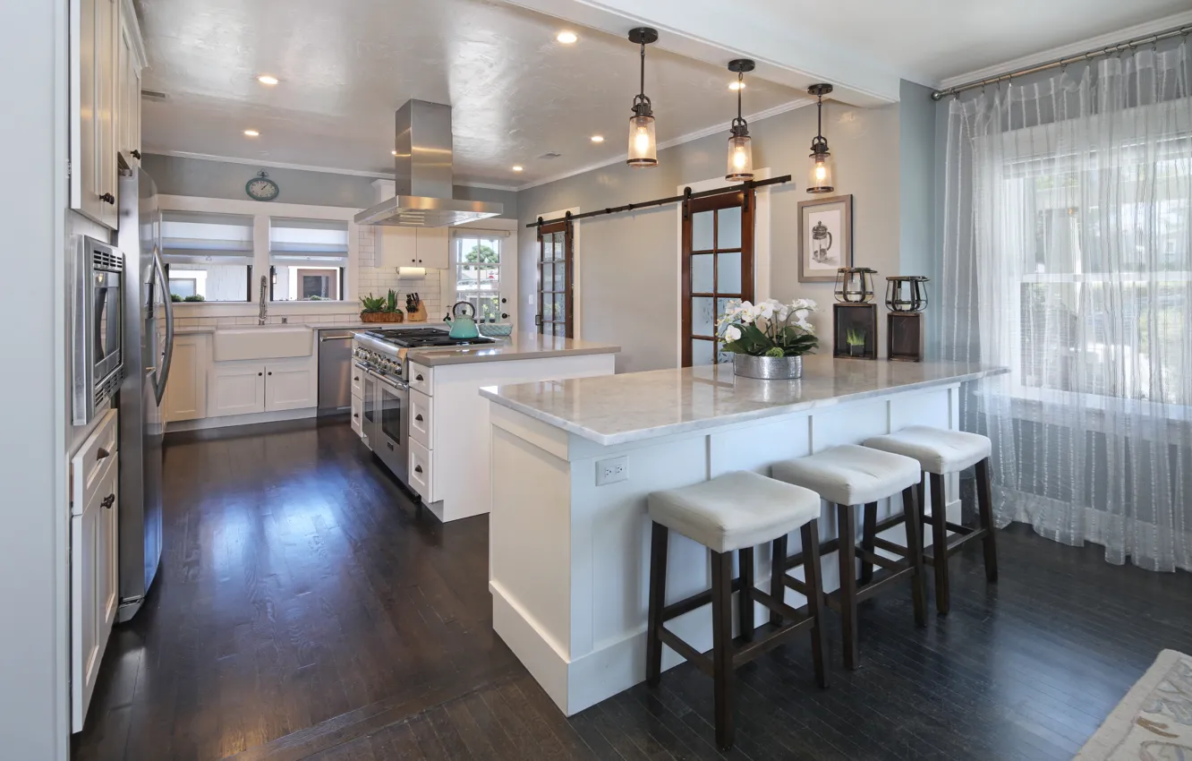 Фото обои стол, окно, кухня, design, interior, светильники, kitchen