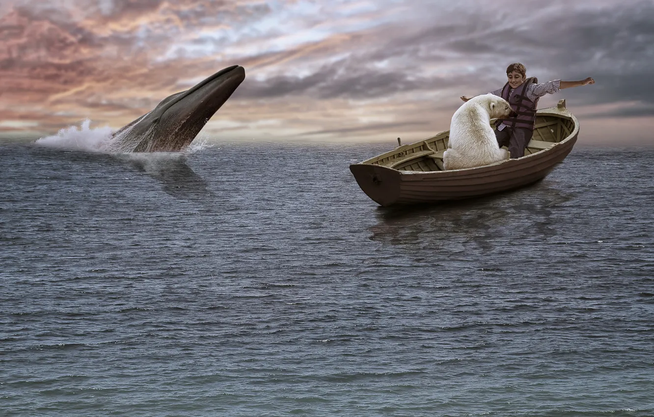Фото обои океан, лодка, ситуация, мальчик, кит, белый медведь