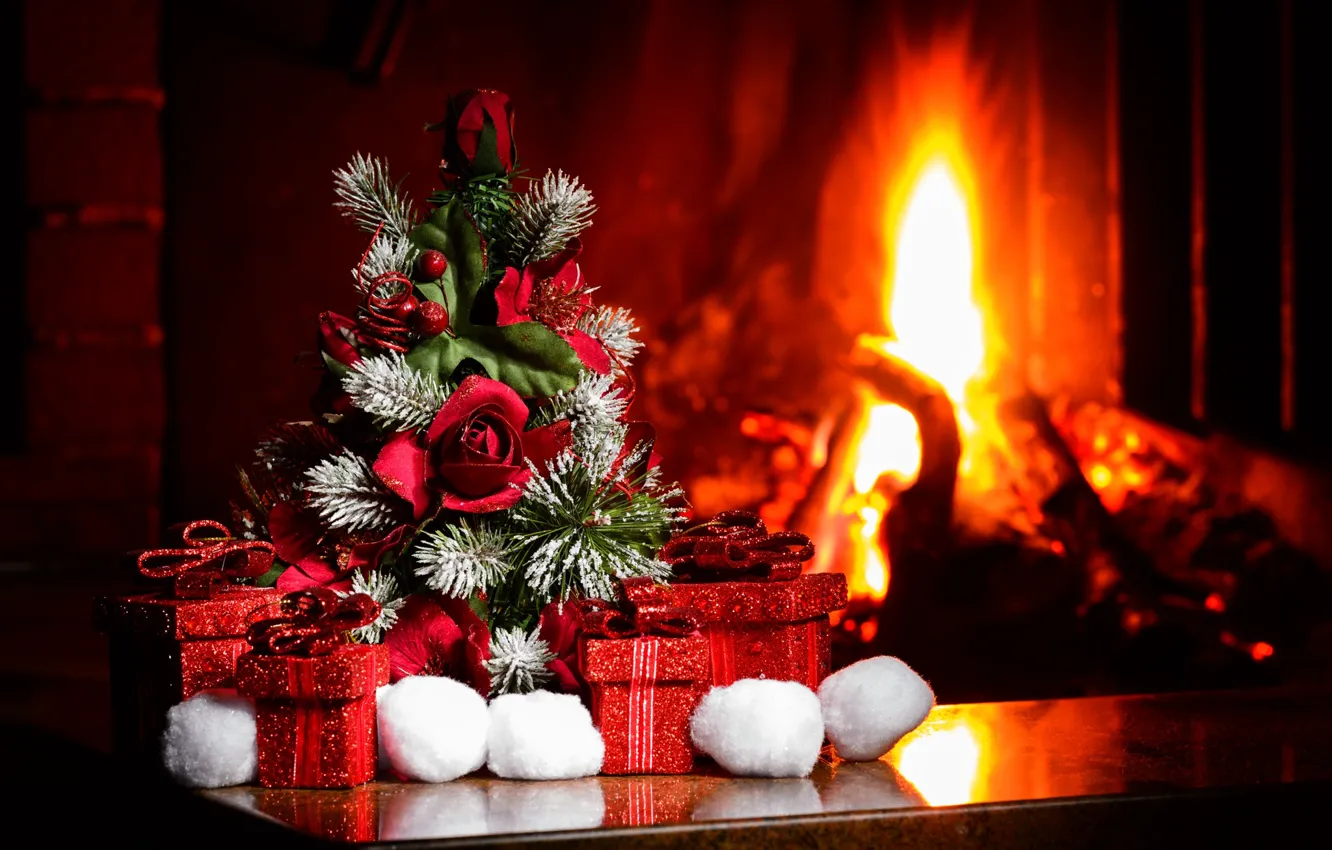 Фото обои уют, елка, Новый Год, Рождество, подарки, камин, Christmas, New Year