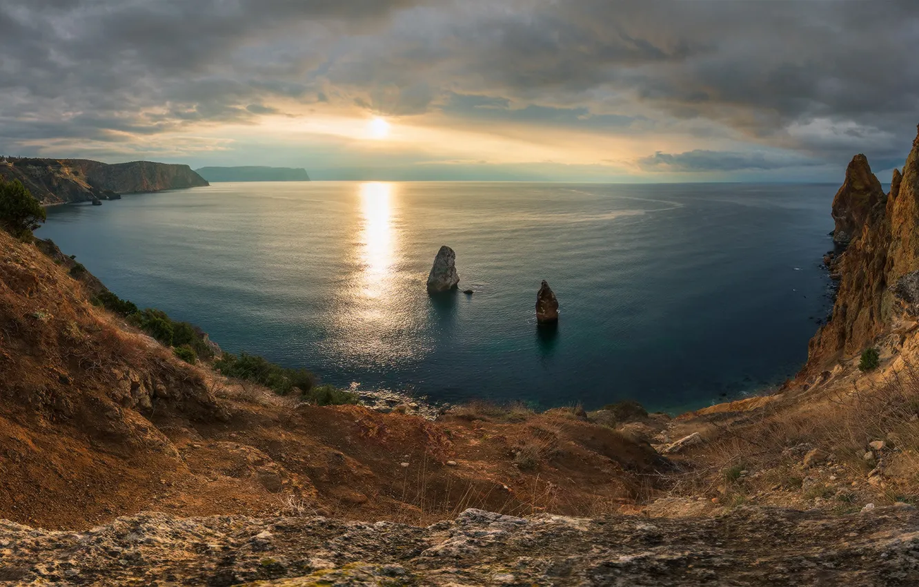 Фото обои море, закат, скалы, побережье, Россия, Крым, Чёрное море, Севастополь