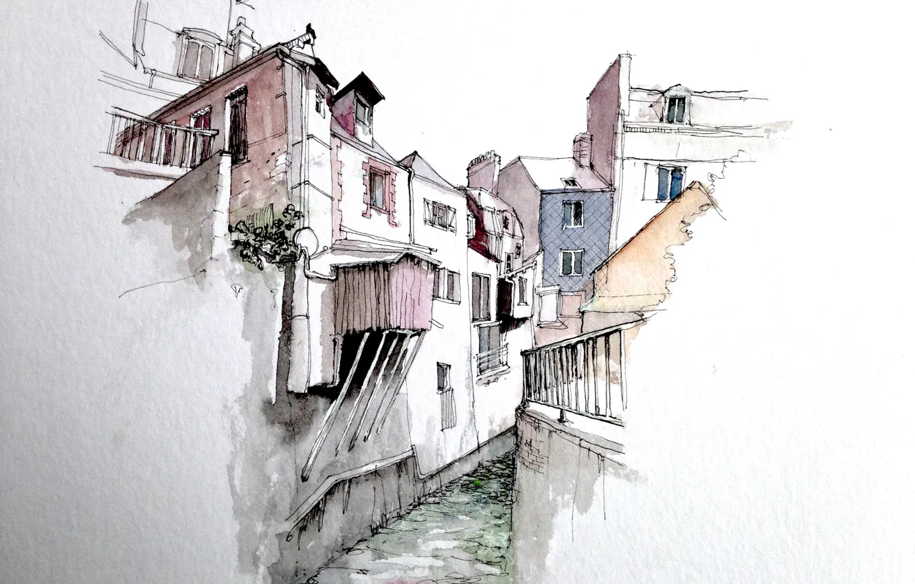 Фото обои город, рисунок, Франция, дома, акварель, Онфлёр