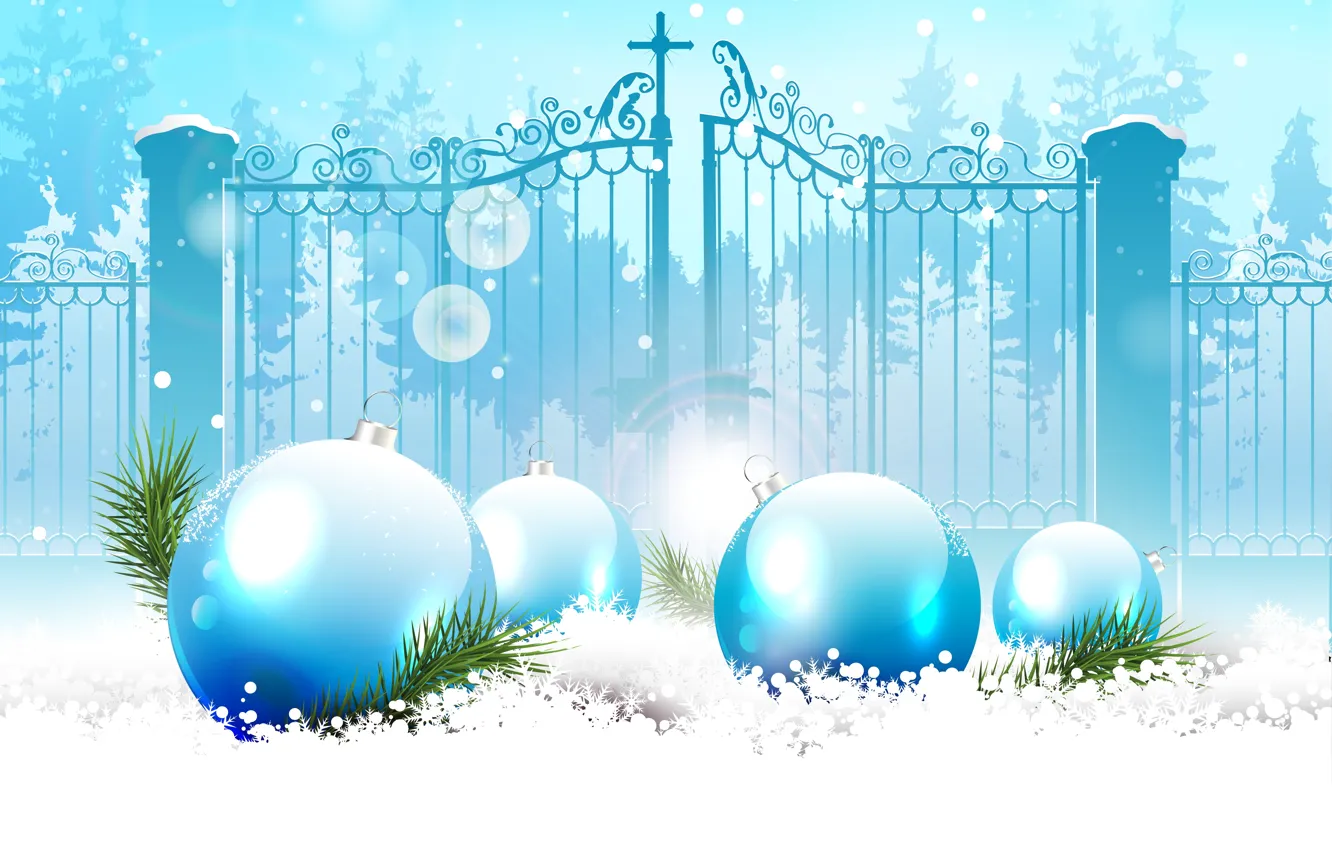 Фото обои снег, снежинки, праздник, шары, новый год, веточки ели