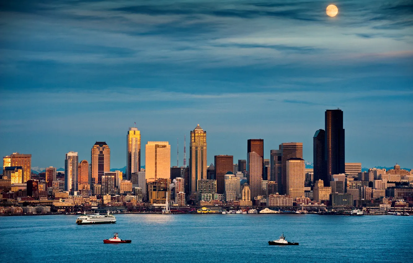 Фото обои city, moonrise, skyline, Washington, moonlight, cityscape, Seattle, Puget Sound