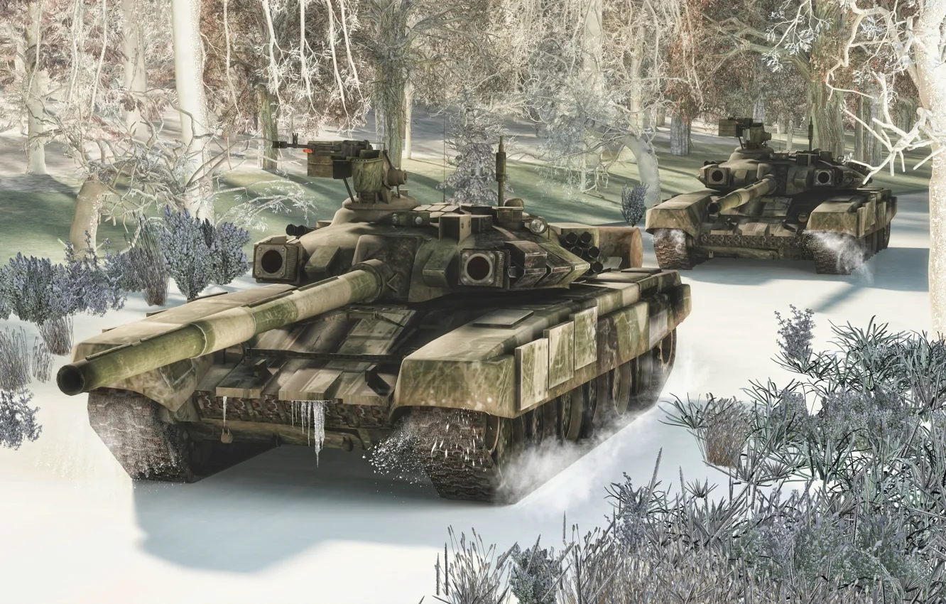 Фото обои Снег, Армия, Танки, Unmarked T-90s