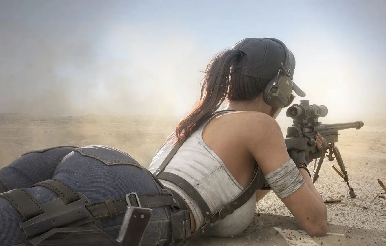Фото обои Tomb Raider, gun, pistol, ass, desert, ponytail, women, jeans