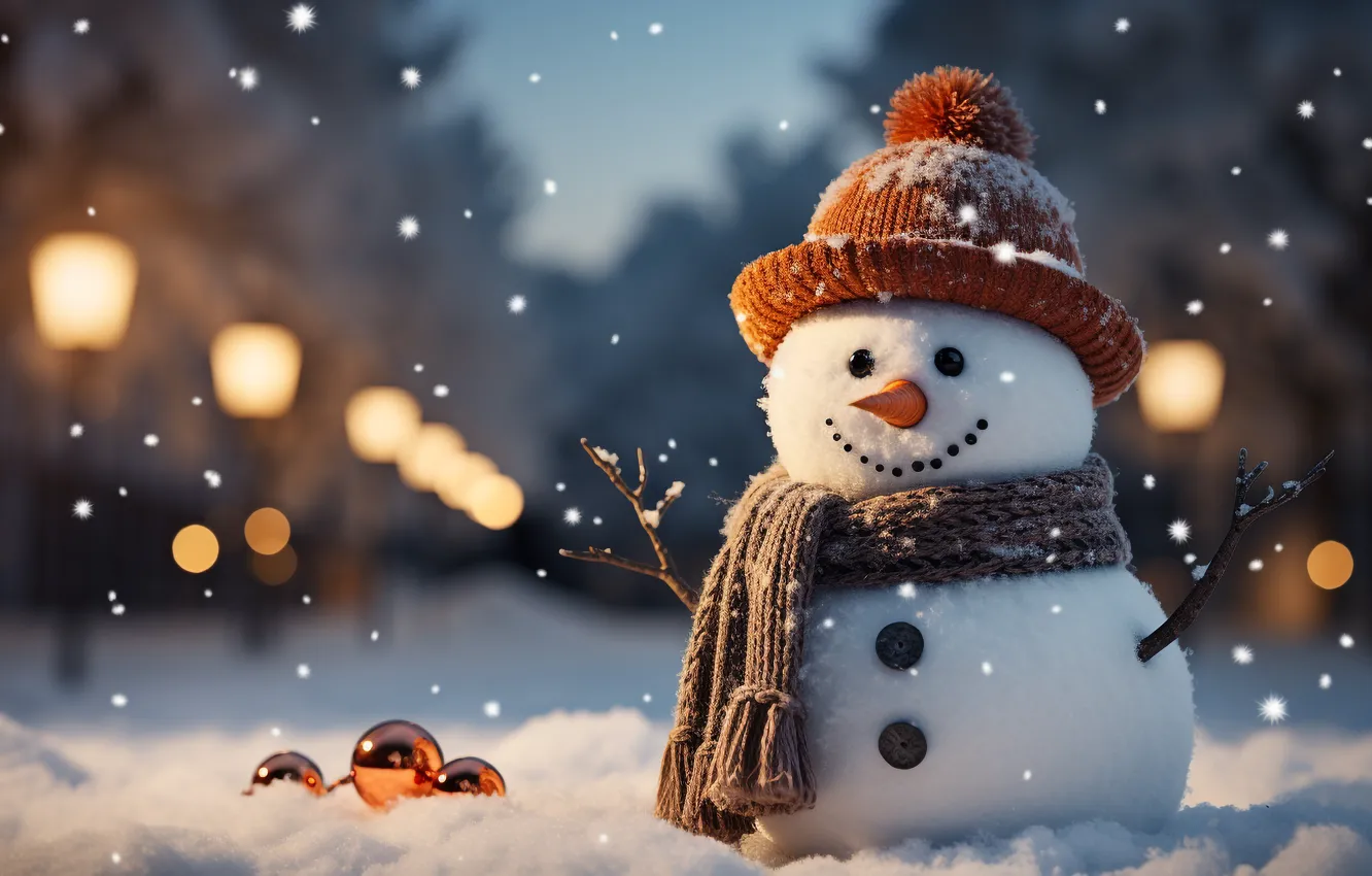 Фото обои зима, снег, Новый Год, Рождество, снеговик, happy, Christmas, night