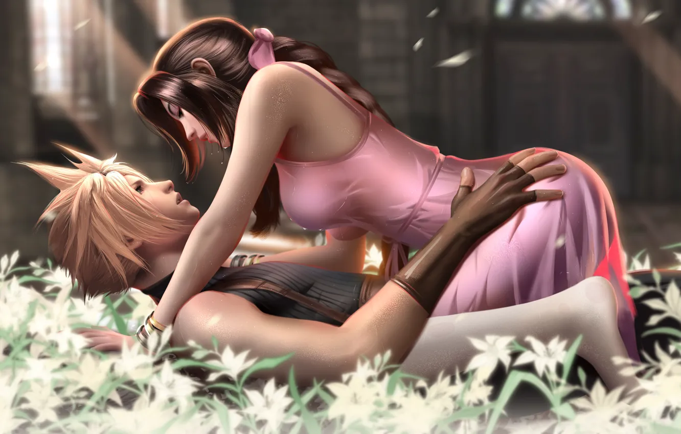 Фото обои девушка, любовь, цветы, парень, Final Fantasy VII, Cloud Strife, Aerith Gainsborough