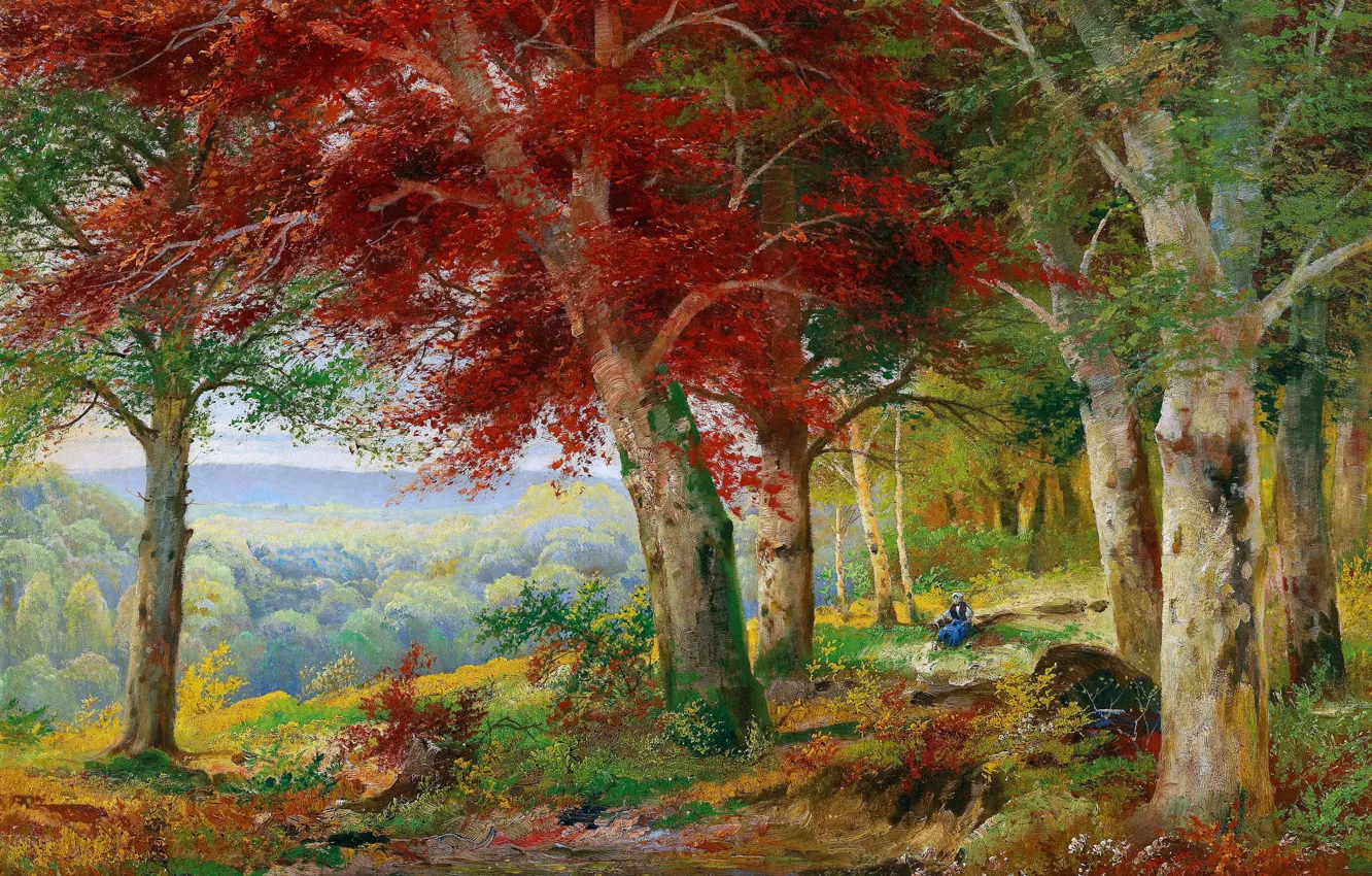 Фото обои Деревья, Ручей, Картина, Alois Arnegger, Осенний лес, Алоис Арнеггер, Австрийский живописец