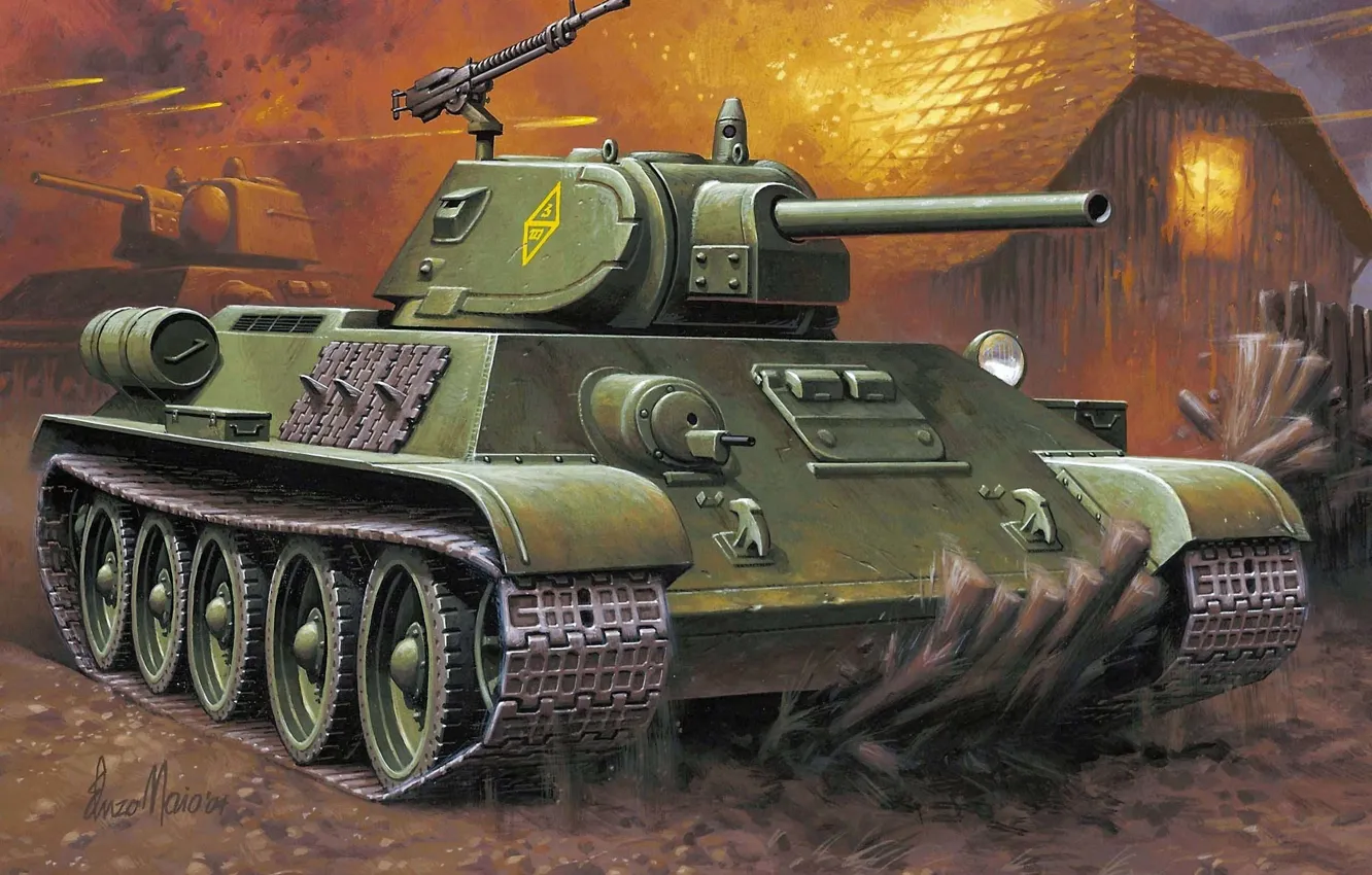 Фото обои рисунок, арт, танк, сражение, советский, средний, Т-34-76, WW2.