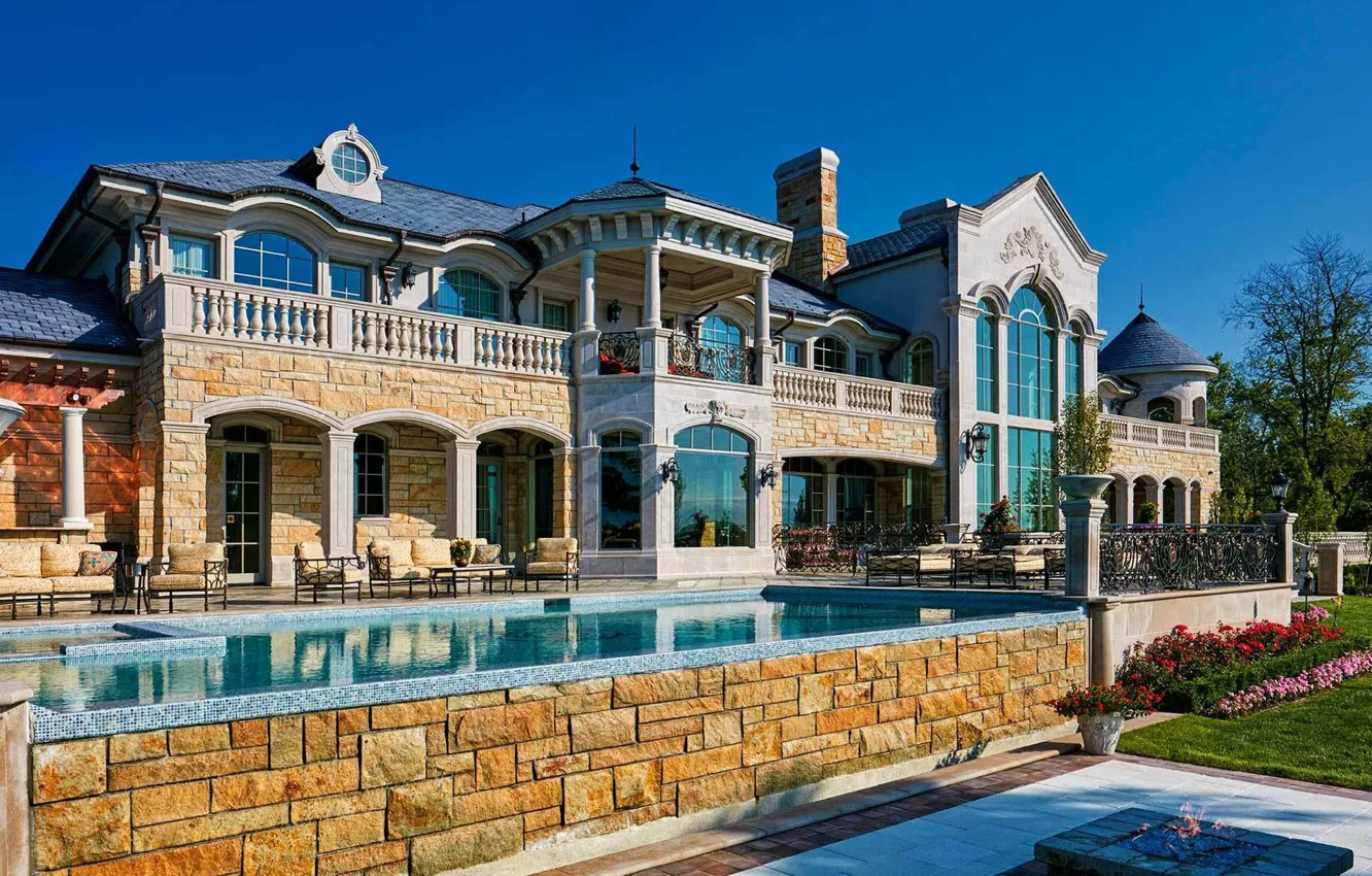 Фото обои бассейн, Мичиган, архитектура, Detroit, роскошная вилла, by DesRosiers Architect, French Renaissance House, Cass Lake