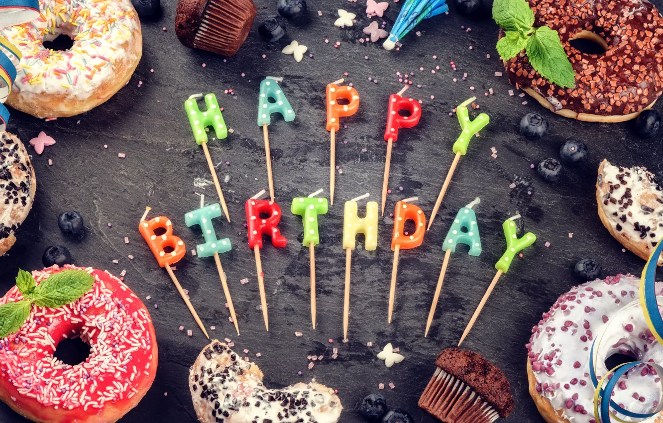 Фото обои свечи, colorful, Happy Birthday, colours, cupcake, celebration, кексы, decoration