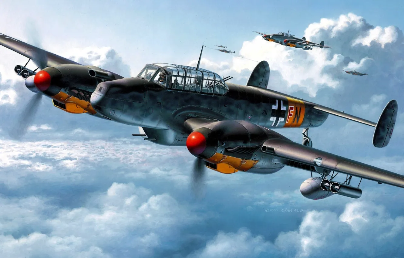 Фото обои небо, истребители, самолёты, Мессершмитт, Bf.110, Wargaming.net, тяжелые, World of Warplanes