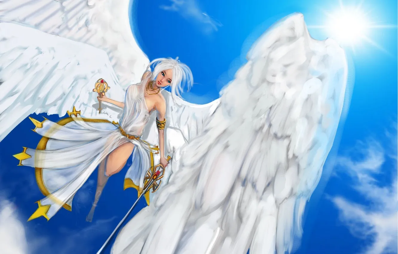 Фото обои девушка, крылья, ангел, меч, арт, жезл