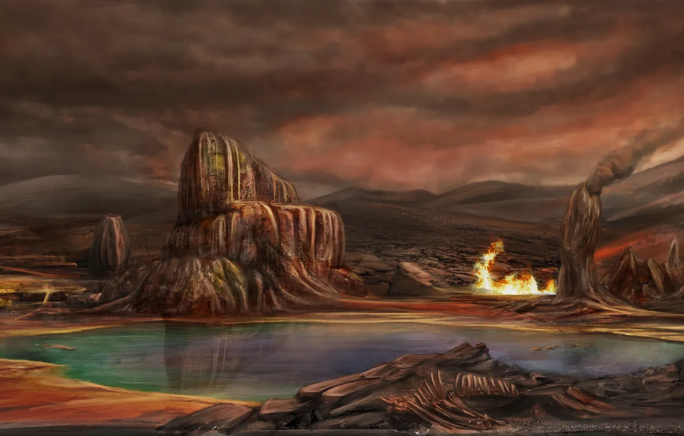 Фото обои облака, озеро, скалы, огонь, арт