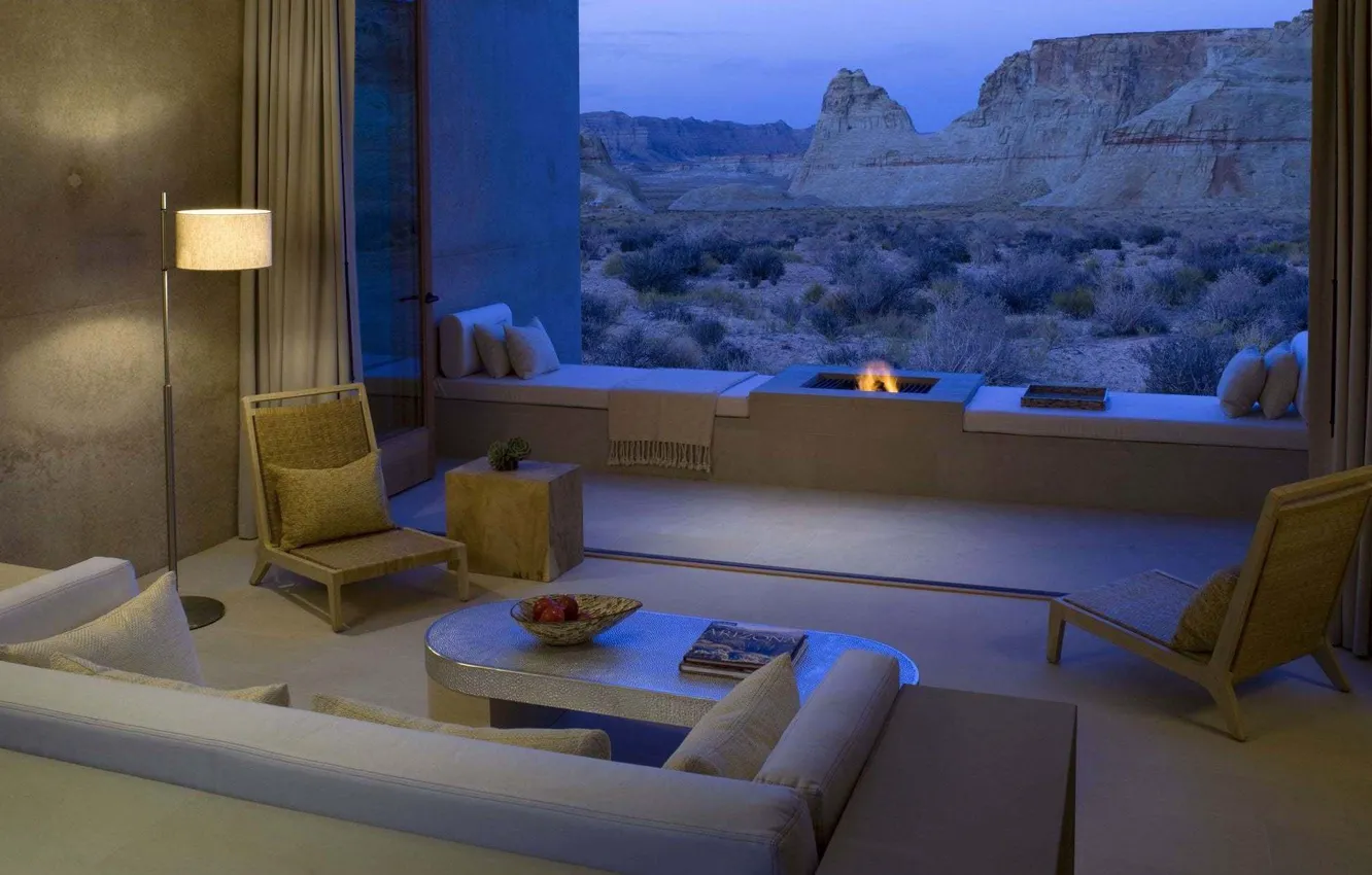 Фото обои комната, интерьер, Аризона, отель, очаг, гостиная, Beautiful Amangiri Resort and Spa