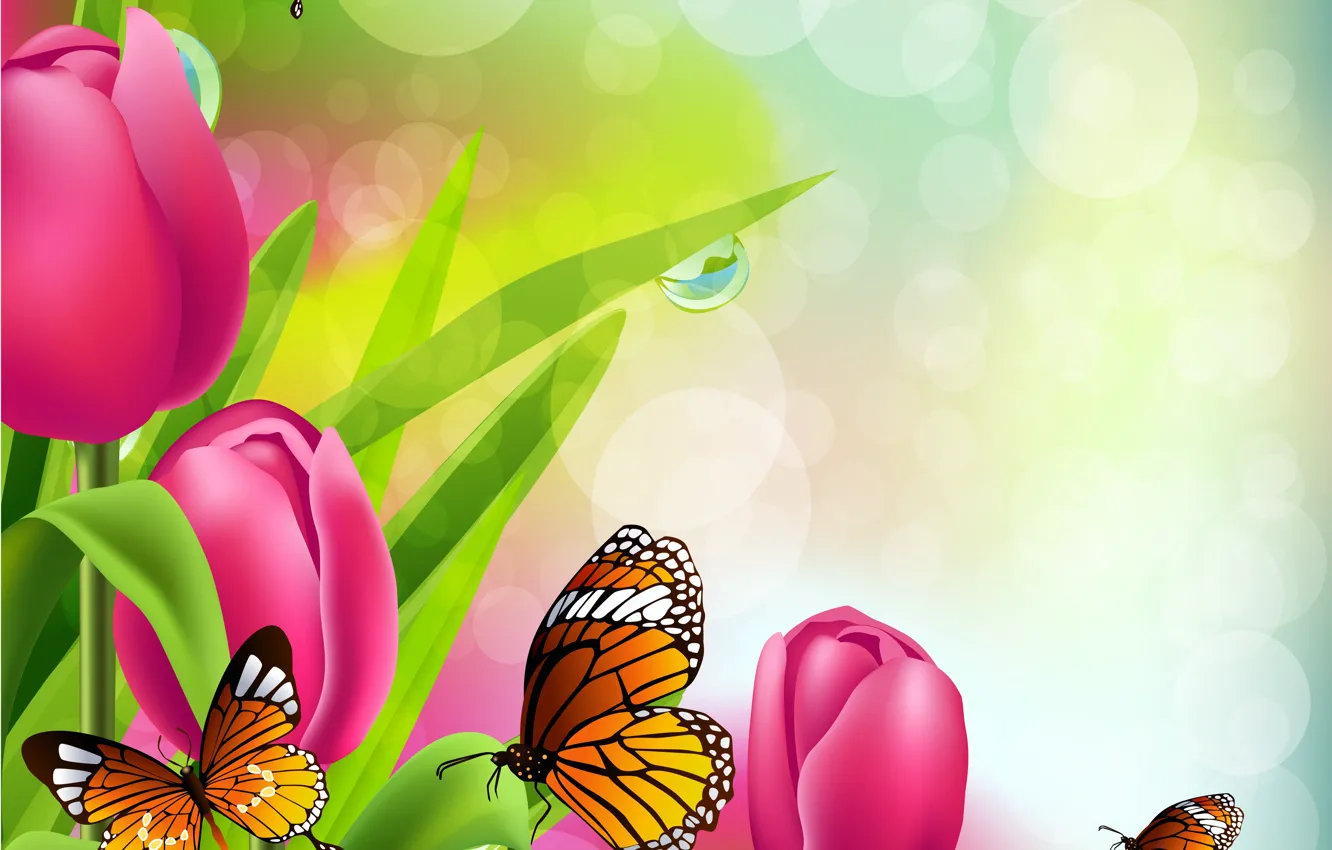Фото обои бабочки, Тюльпаны, Рендеринг