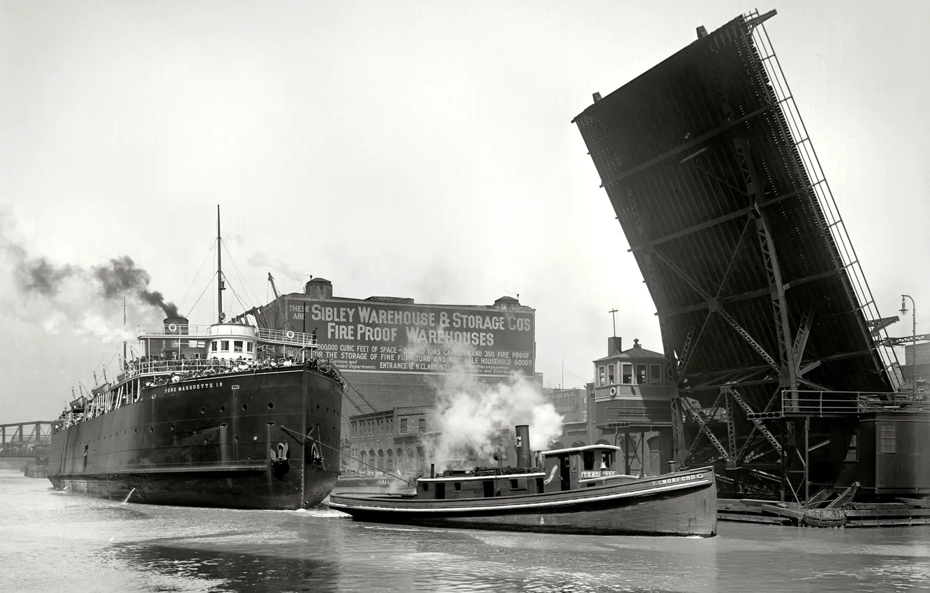 Фото обои ретро, корабль, буксир, пароход, США, разводной мост
