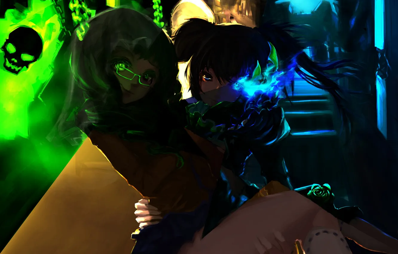 Фото обои цветок, девушки, роза, череп, аниме, арт, очки, black rock shooter