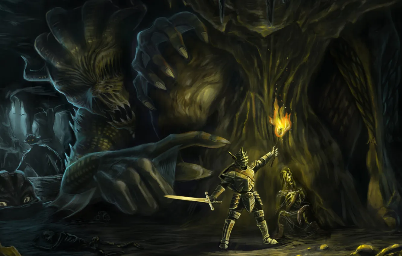 Фото обои человек, рука, воин, арт, монстры, факел, пещера, демоны