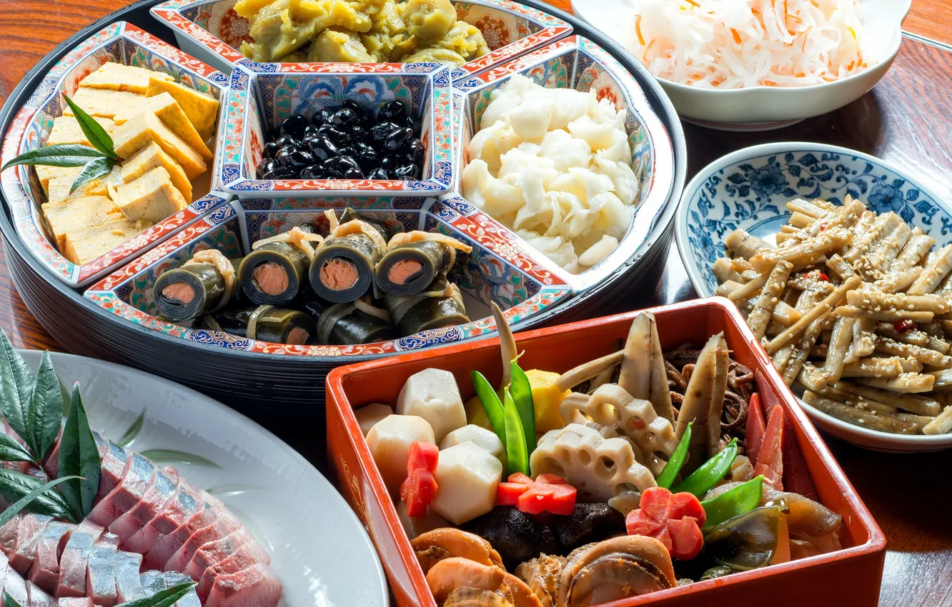 Фото обои лотос, овощи, роллы, морепродукты, японская кухня, блюда, ассорти, тофу