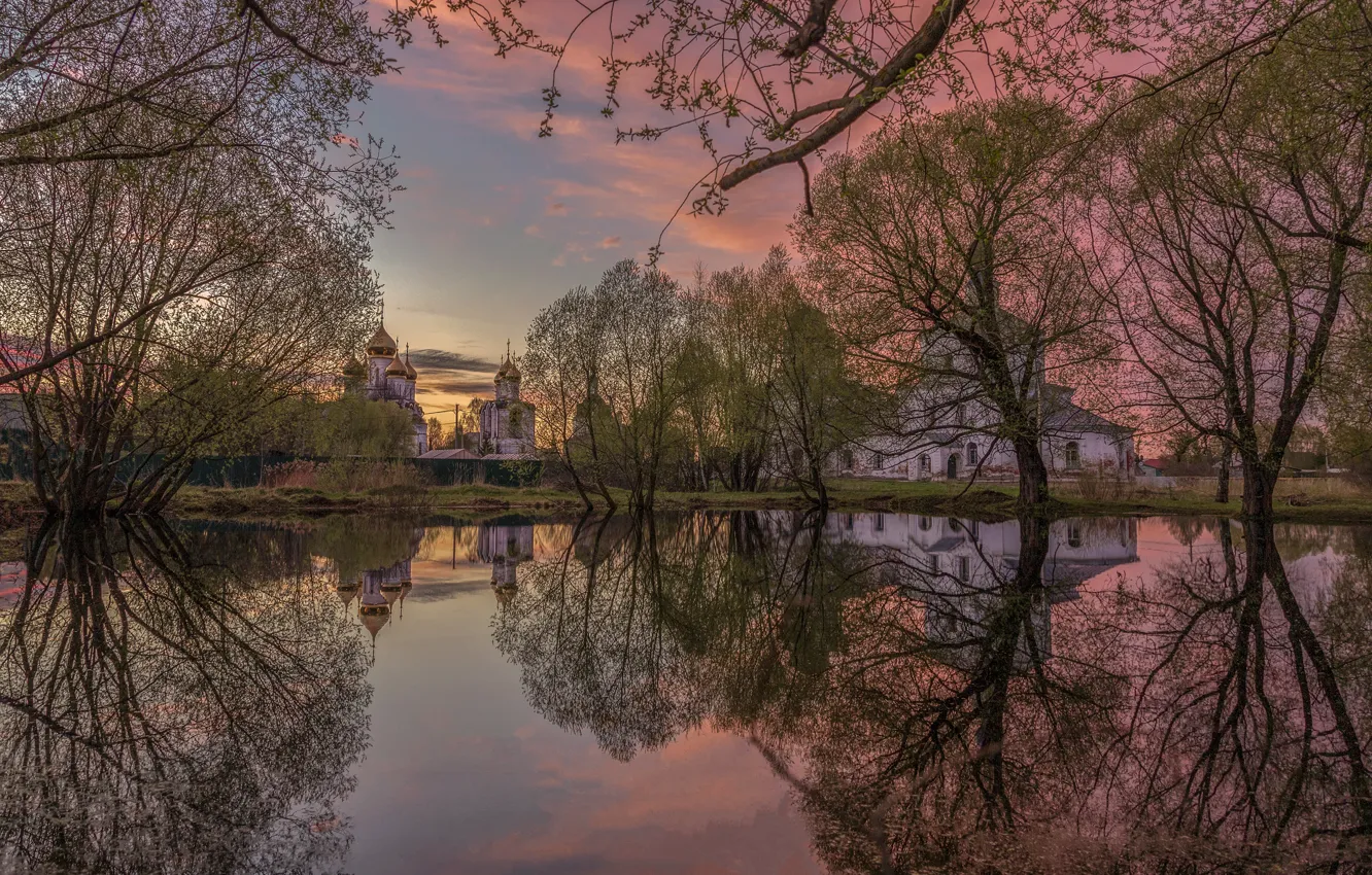Фото обои вода, деревья, пейзаж, природа, утро, церковь, Переславль-Залесский, Елена Гусева