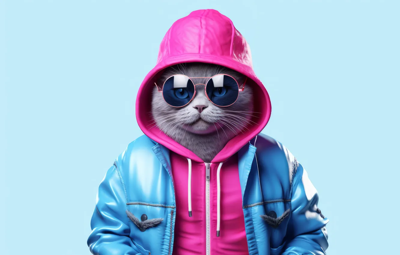 Фото обои кошка, кот, взгляд, поза, серый, розовая, очки, куртка
