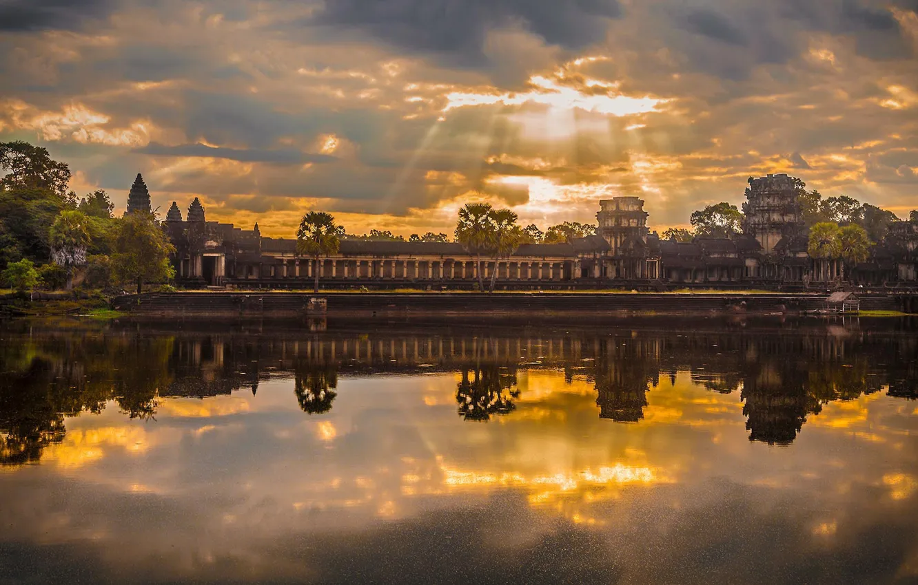 Фото обои рассвет, храм, Камбоджа, храмовый комплекс, Ангкор-Ват
