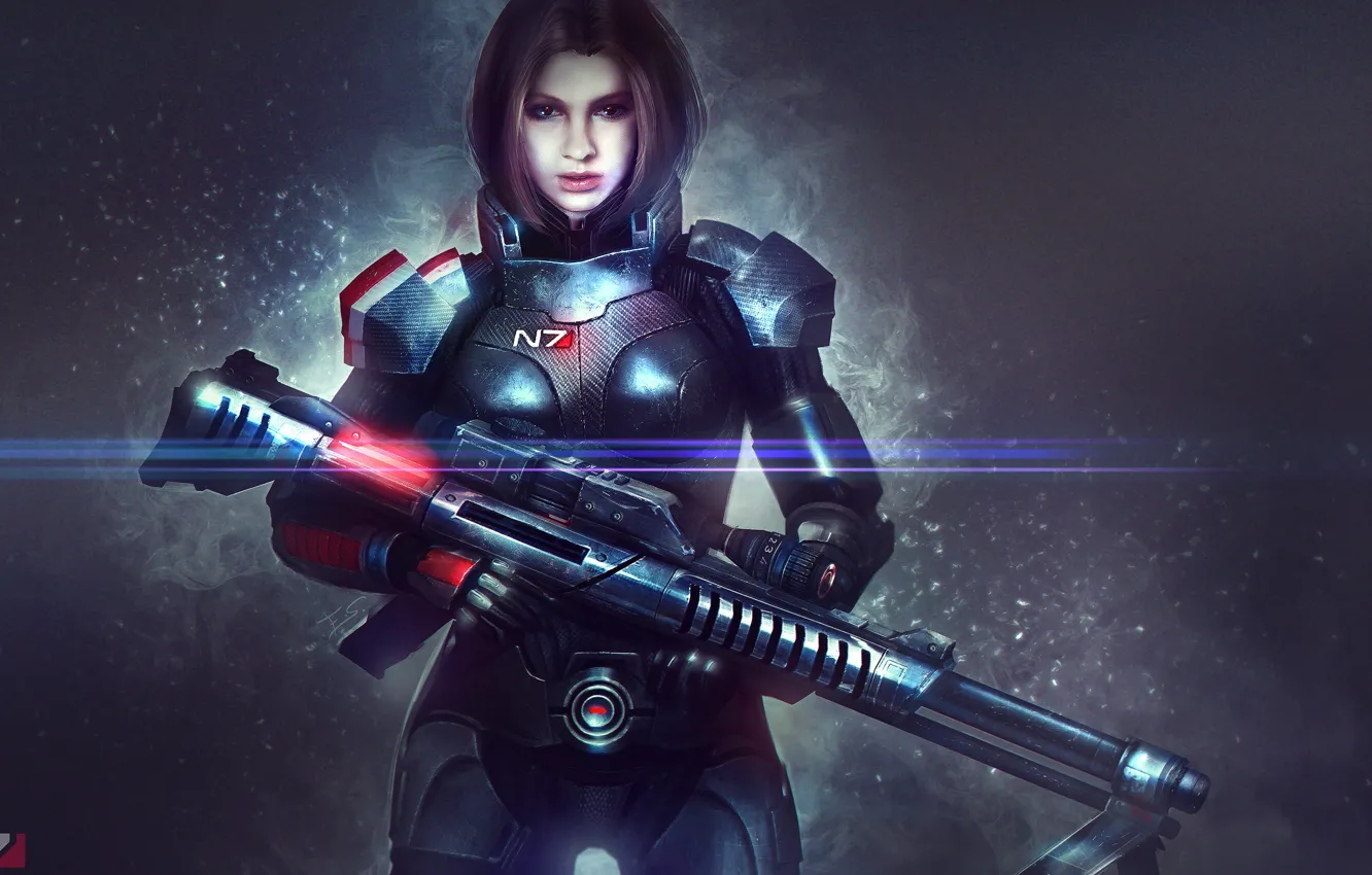 Фото обои девушка, оружие, броня, Mass Effect, art, Shepard, sniper rifle
