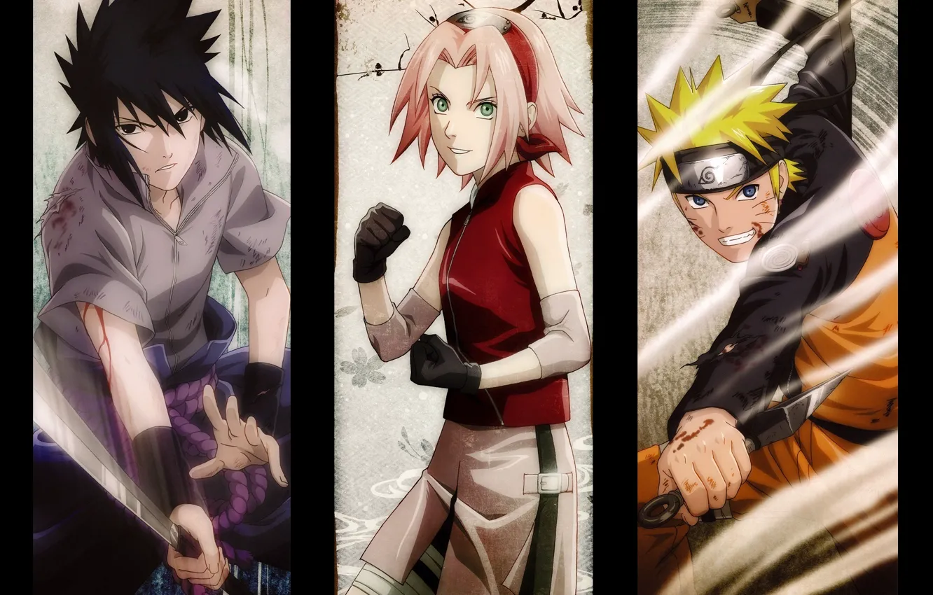 Фото обои взгляд, кровь, катана, руки, перчатки, повязка, Sasuke, Naruto