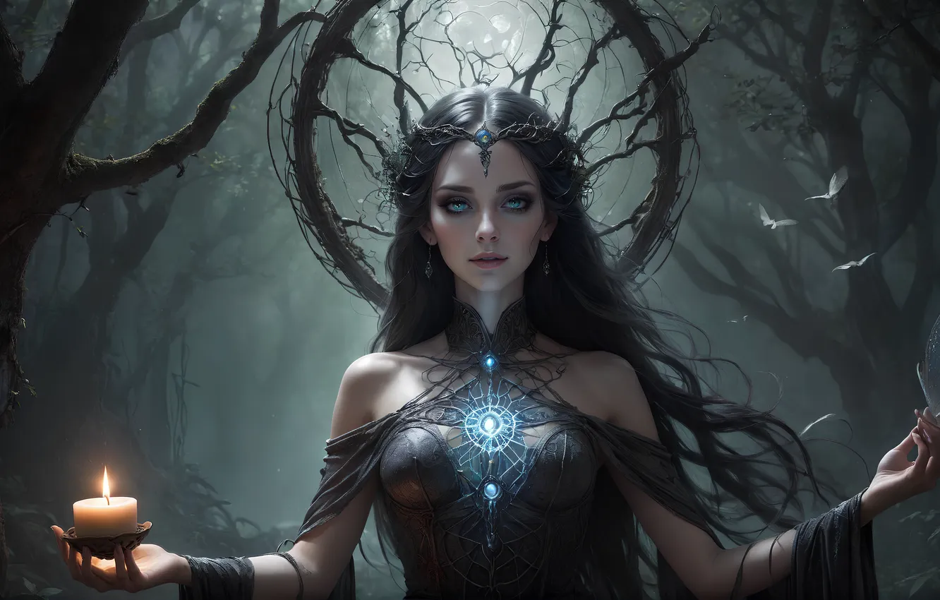 Фото обои women, candles, black hair, Necromancer, looking at viewer, AI art