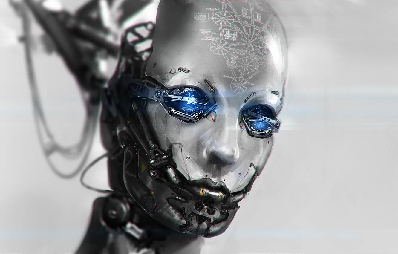 Фото обои провода, робот, голова, арт, формулы, андроид