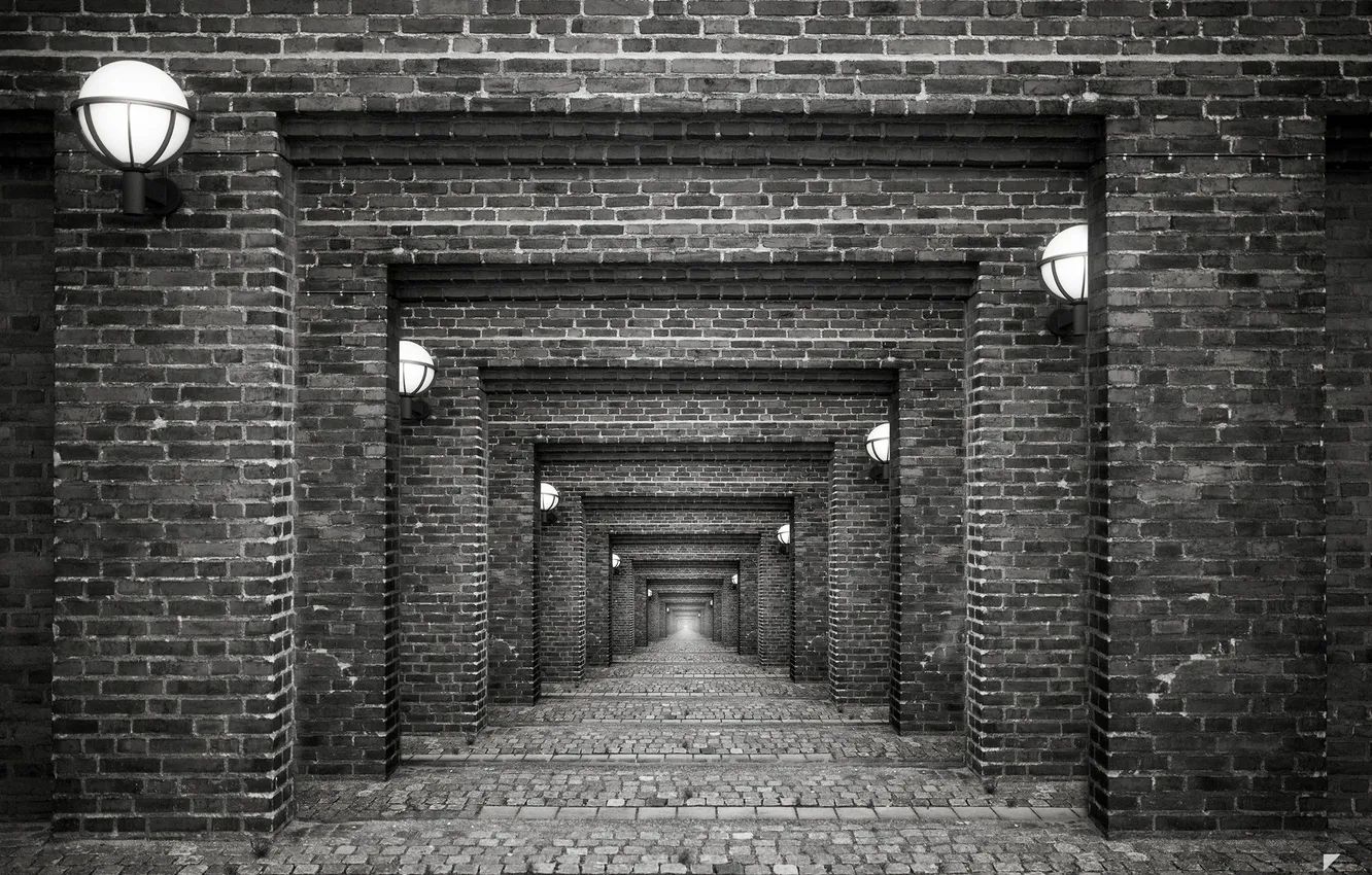 Фото обои ч/б, фонари, арки, by Robin de Blanche, Bricks