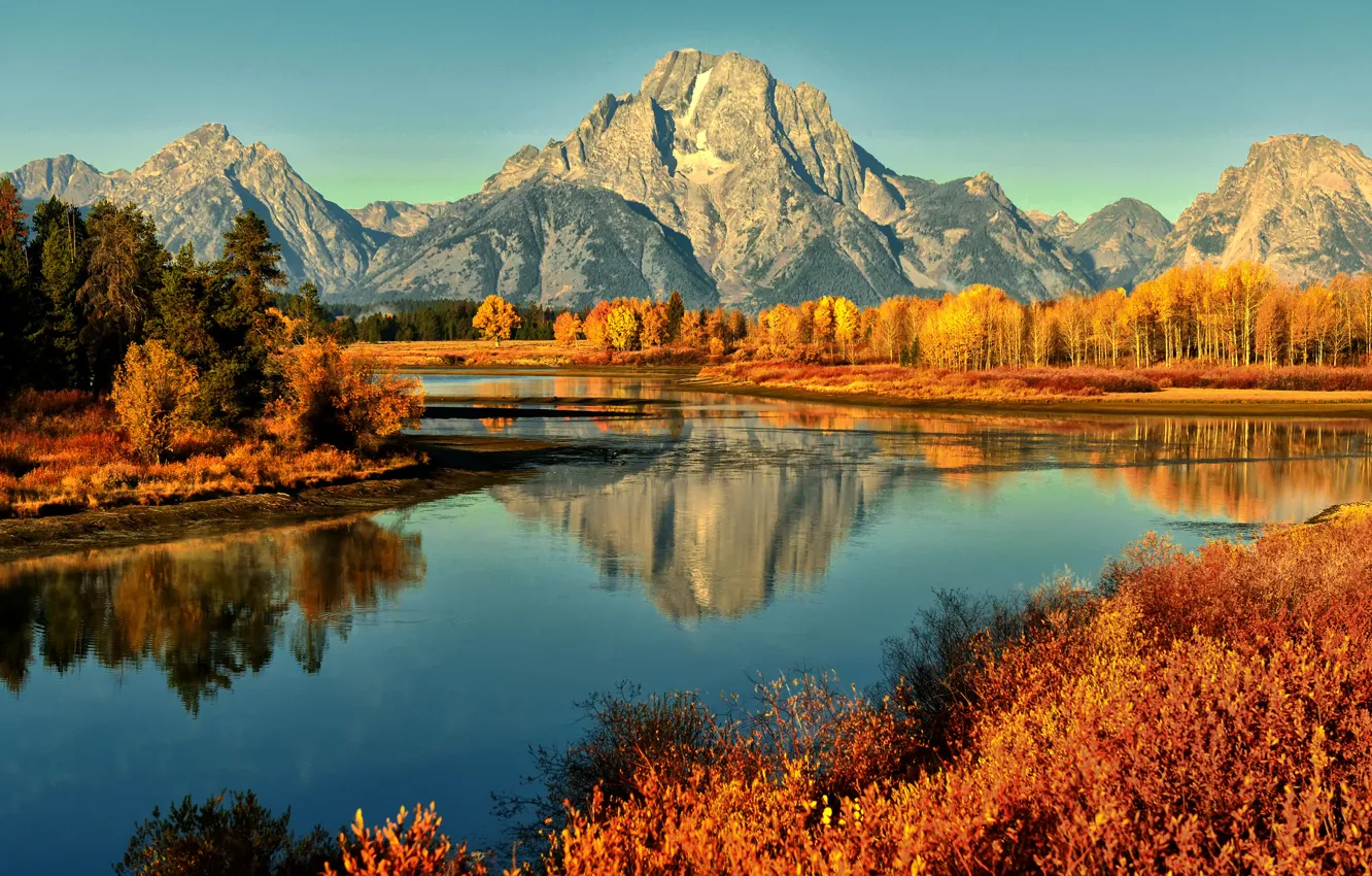 Фото обои осень, горы, река