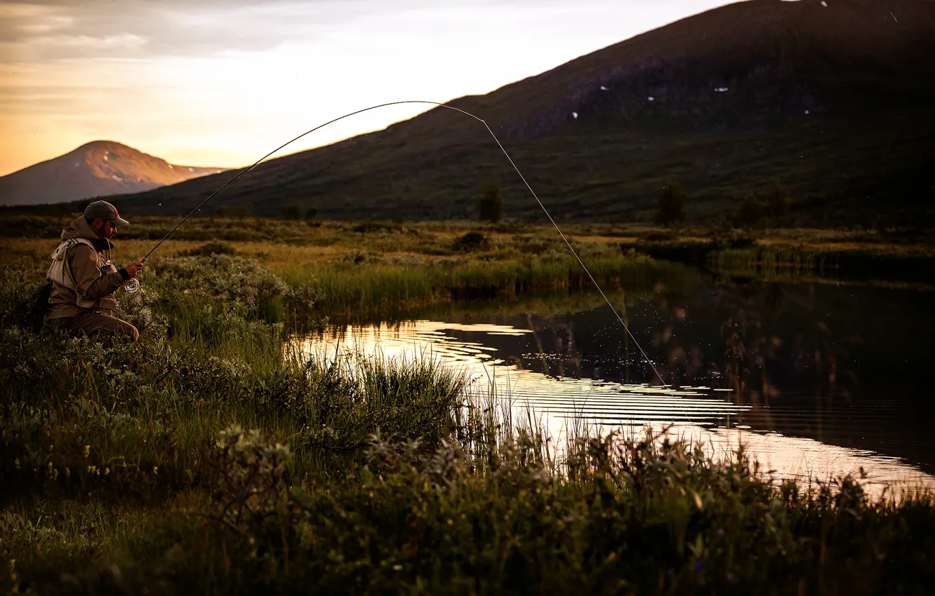 Фото обои природа, рыбак, удочка, Laponia Nights