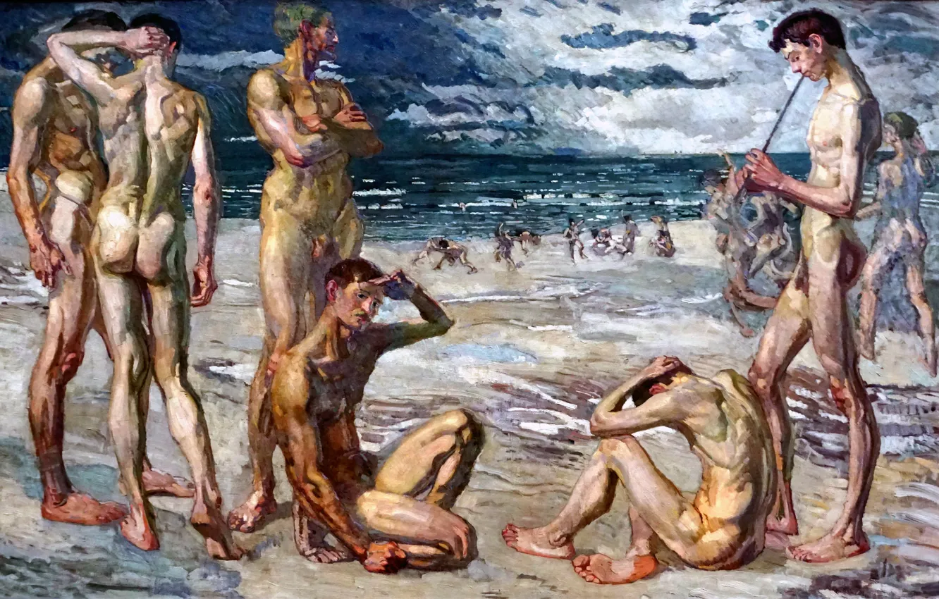 Фото обои песок, Пляж, Картина, Побережье, Парни, Max Beckmann, Обнажены, Макс Бекманн
