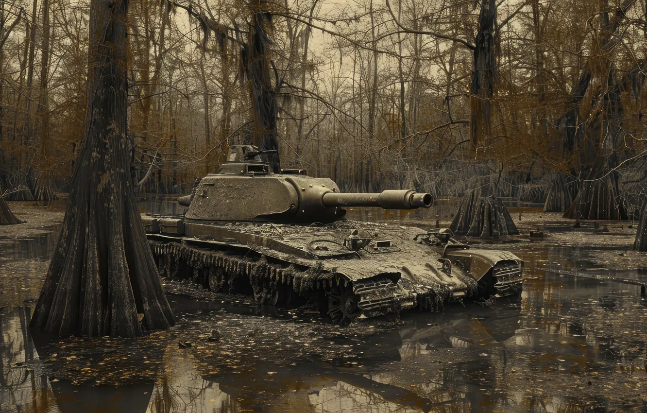 Фото обои Вода, Деревья, Танк, ВОВ, Великая Отечественная война, Вторая Мировая Война, Цифровое искусство, ИИ-арт